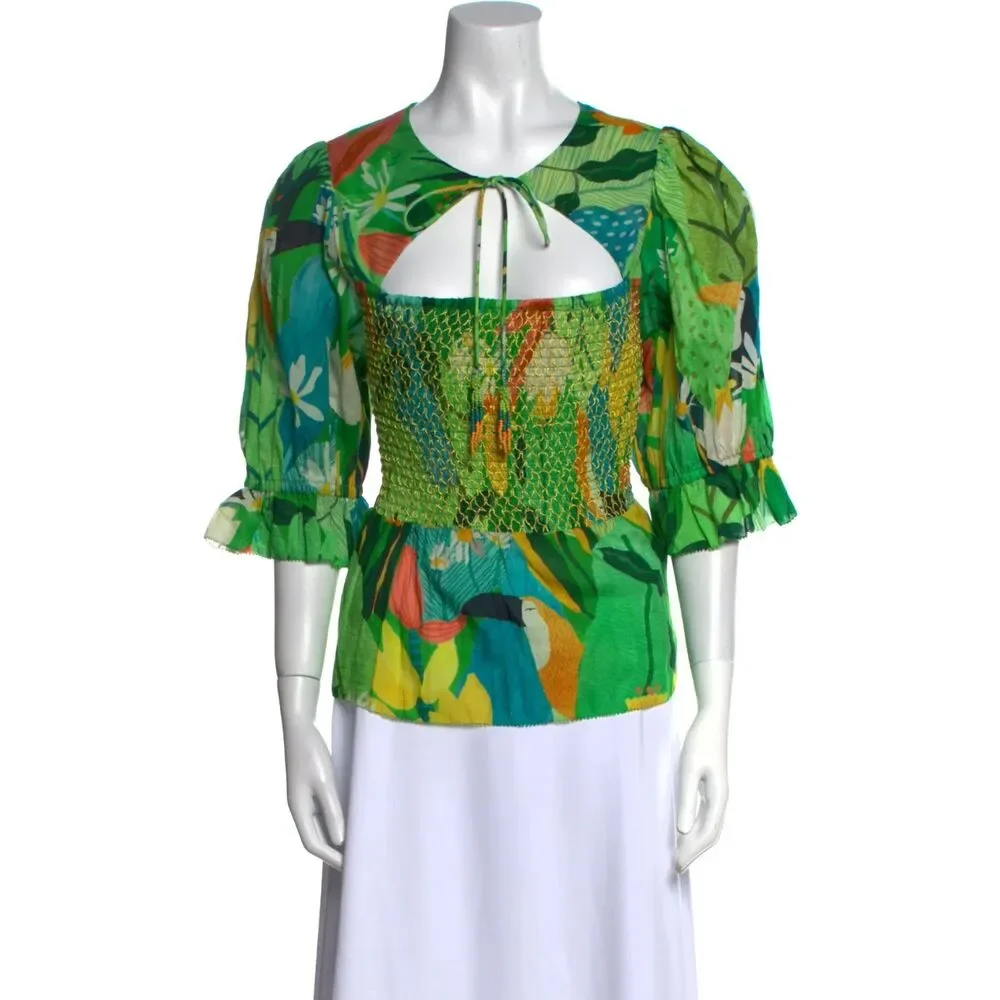 Farm Rio Women Sz S Tropical Toucan Floral Smocked Puff Sleeve Peplum Blouse NWT